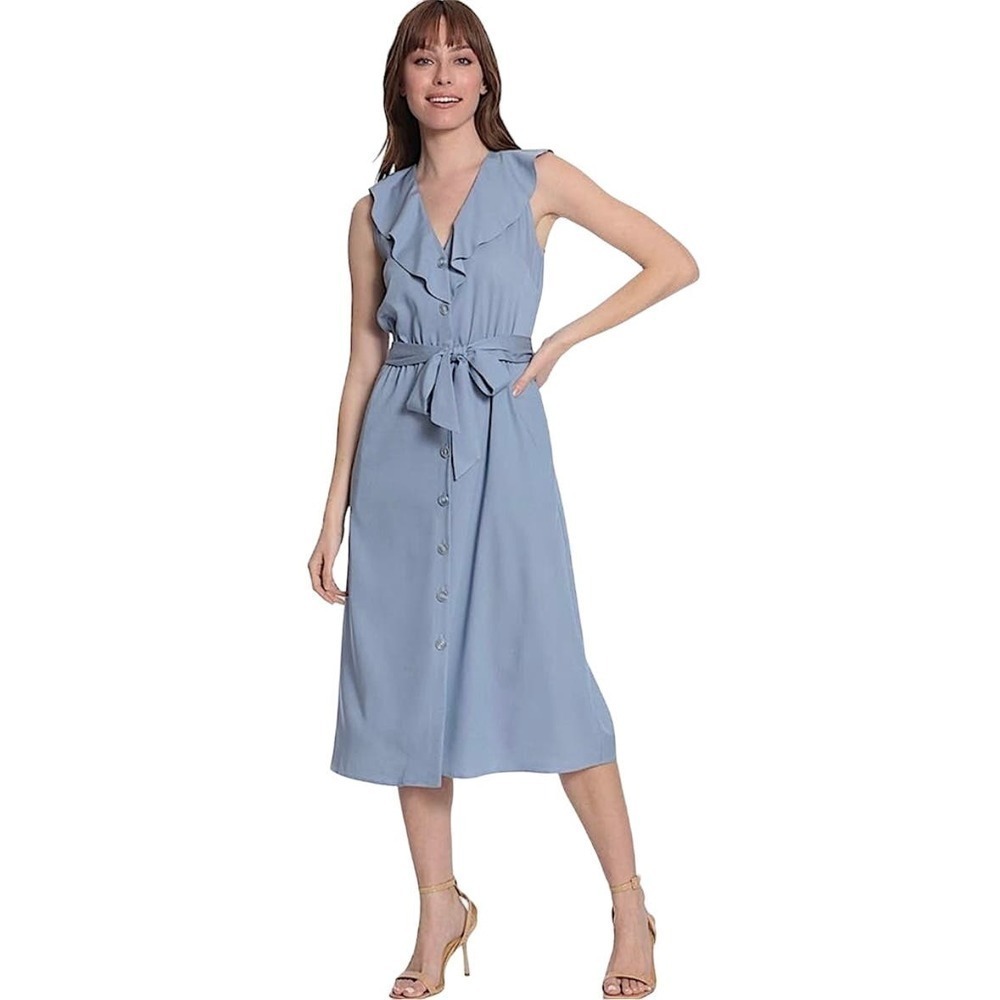 LONDON TIMES V-NECK CHAMBRAY RUFFLE SLEEVELESS MIDI DRESS IN BLUE NWT WOMEN'S 14